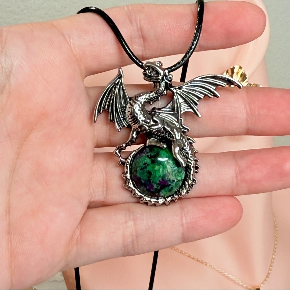 Dragon Pendant Necklace with Green Stone For Men & Women. - Picture 4 of 5
